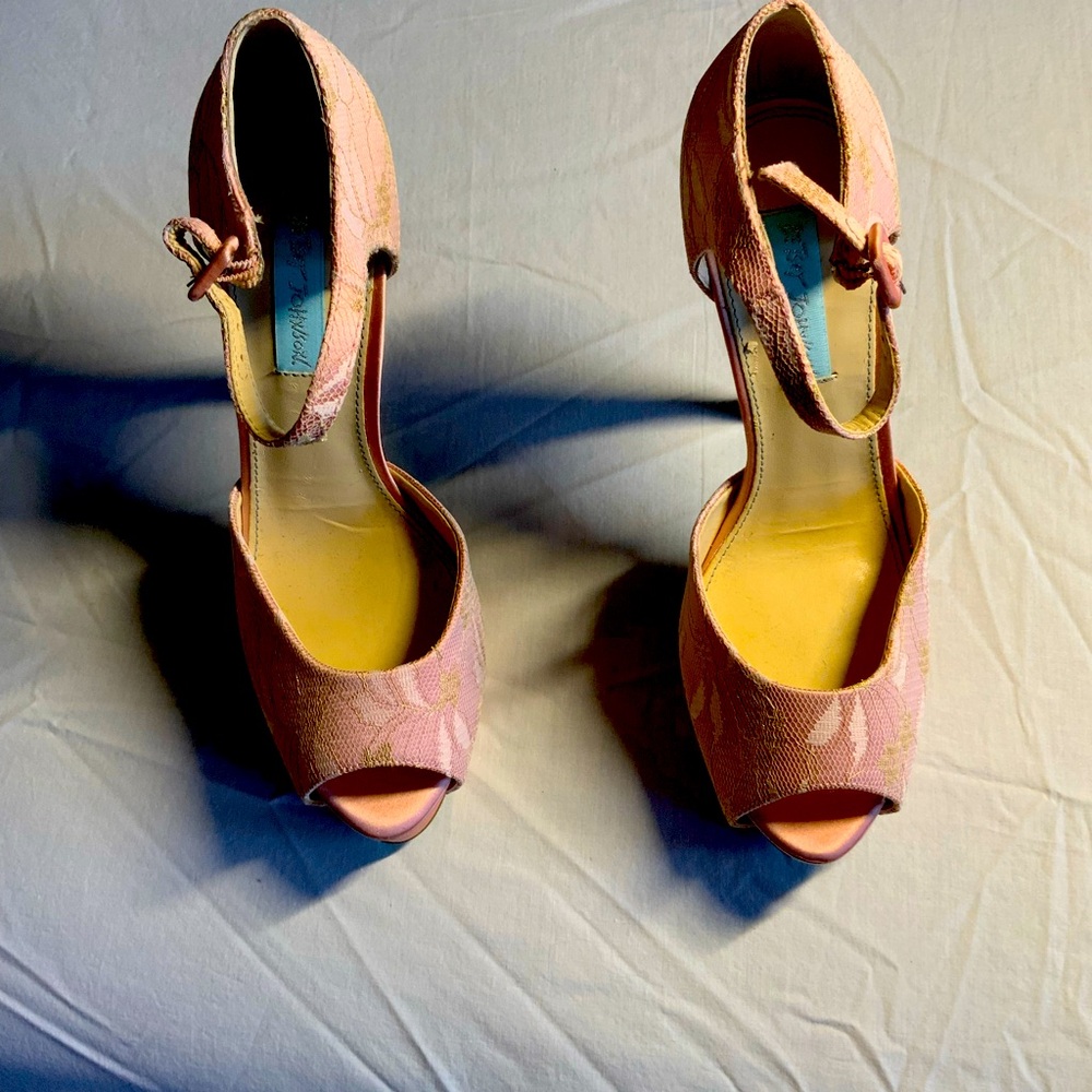 Blue by Betsy Johnson, Pink lace, multi color rhinestones heels. New without box